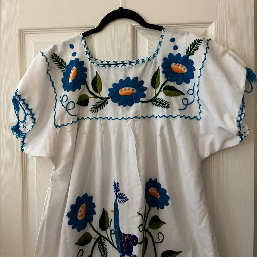 Mexican Style Hand Embroidered Dress - White  with Floral Accents - Picture 2 of 7